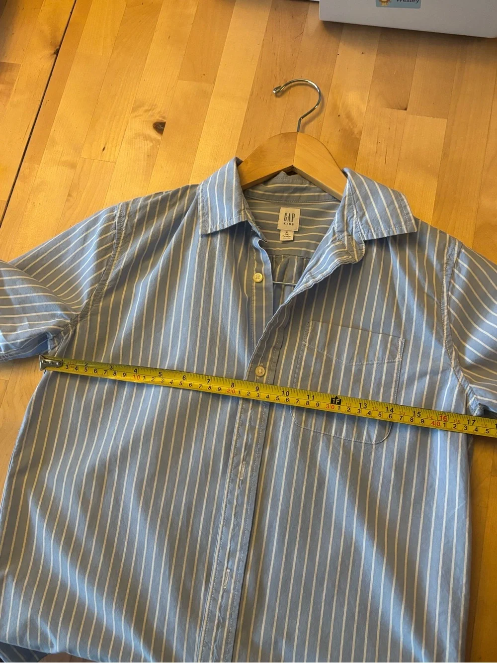 GAP Kids Blue and White Vertical Stripe Short-Sleeve Button-Down Shirt